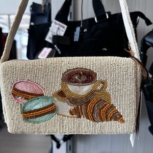 NEW CREAM BEADED BAG WITH MACAROONS,  LATTE AND CROISSANT